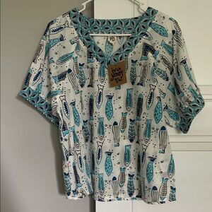 Ivy Jane Blue and White Fish Patterned Top